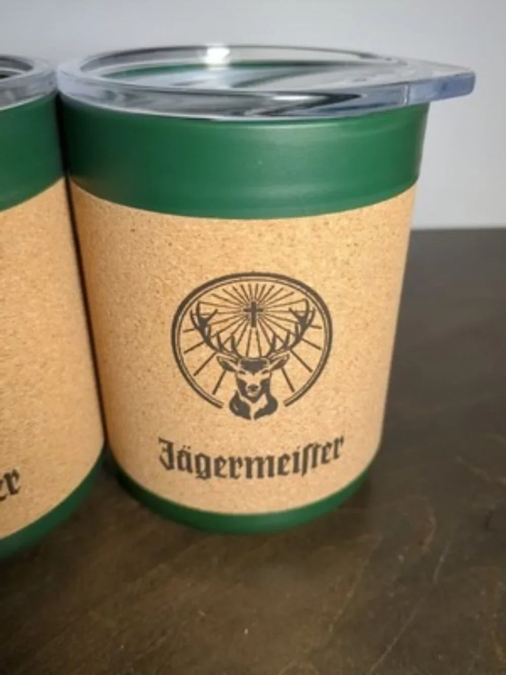 2 JAEGERMEISTER /Jägermeister CORK INSULATED CUPS W/ CLEAR LIDS--10 OZ.